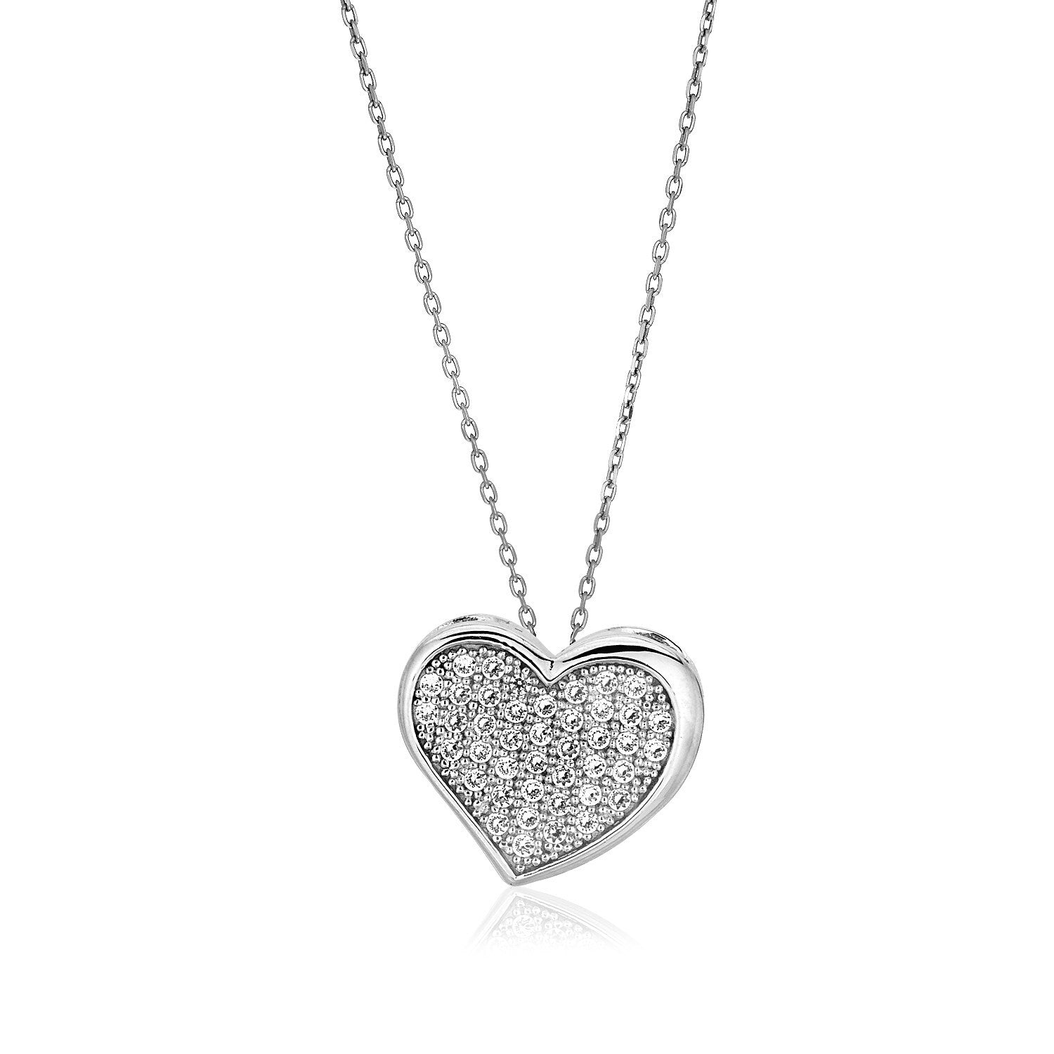 Size: 18'' - Sterling Silver Heart Necklace with Cubic Zirconias