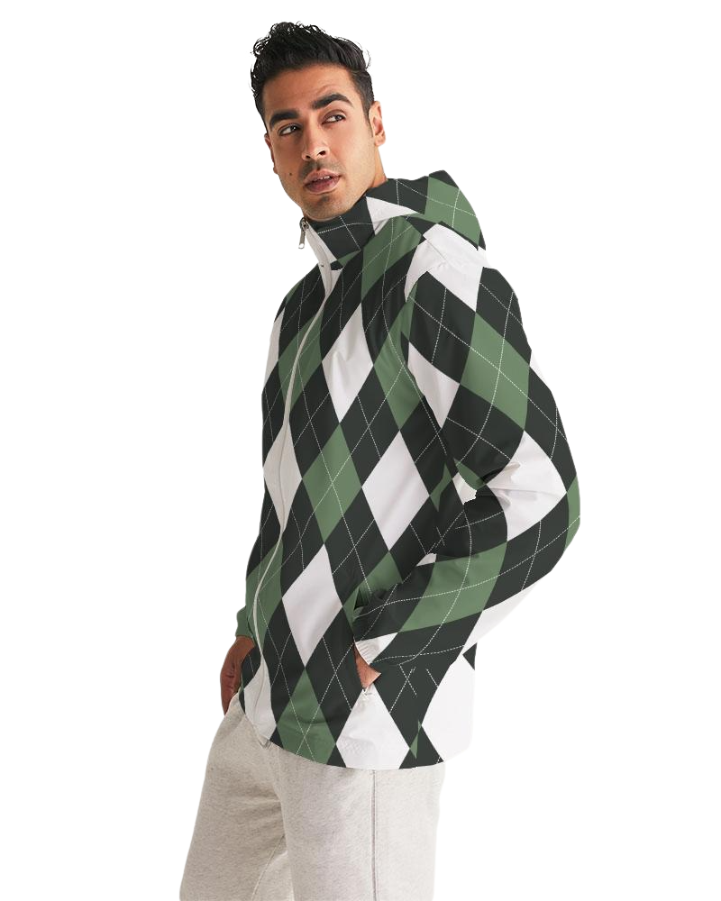 Mens Hooded Windbreaker - Green Tartan Plaid Water Resistant Jacket - JJR60X