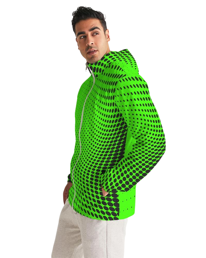 Mens Hooded Windbreaker - Neon Green Polka Dot Water Resistant Jacket - JJWD0X