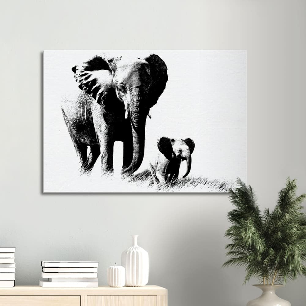 Decorative Wall Art / Black and White Canvas Elephant Print